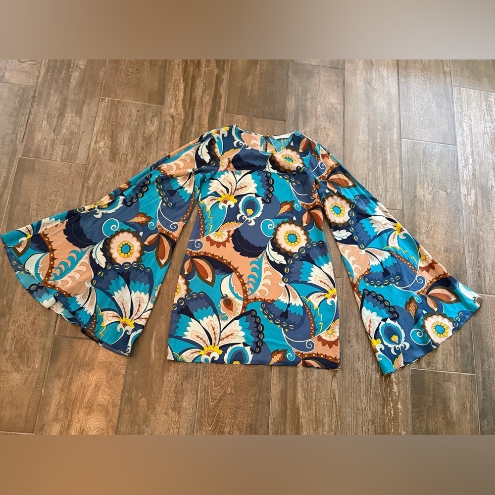 Trina Turk Multicolor Silk Floral Bell Sleeve Midi Dress
